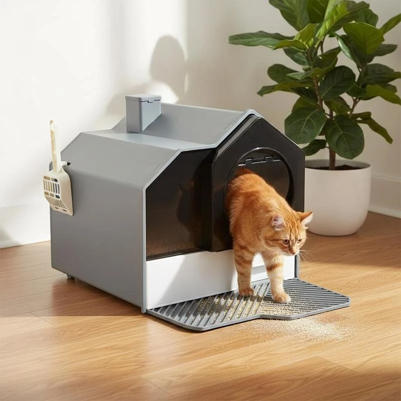 

Hooded Cat Litter Tray with Scoop, Cat Litter Box with Drawer Pan, Handle, Deodorants, Hut Design, Front Entrance, 47 x 45 x