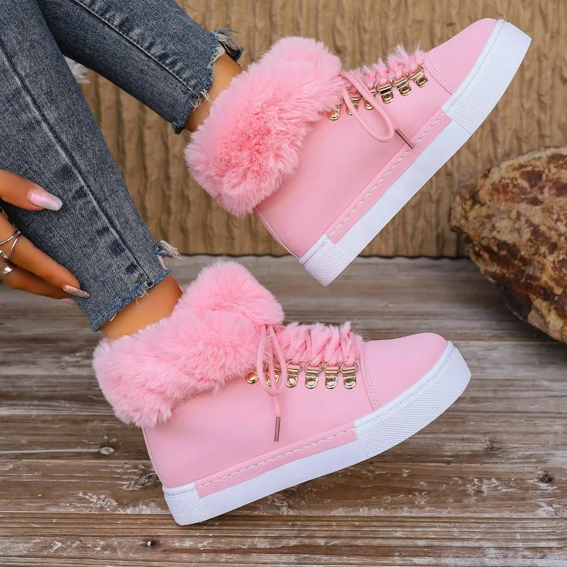 

Women Solid Color Boots Lace Up High-top Round Toe Non-slip Fluffy Velvet Warm Shoes Winter Snow Comfy Shoes