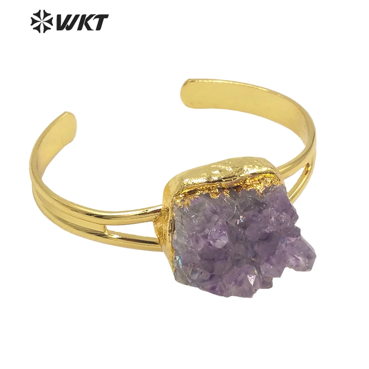 

WT-B608 WKT exclusive Natural druzy Amethyst stone bangle women gold electroplated adjustable cuff bangle in bohemian style