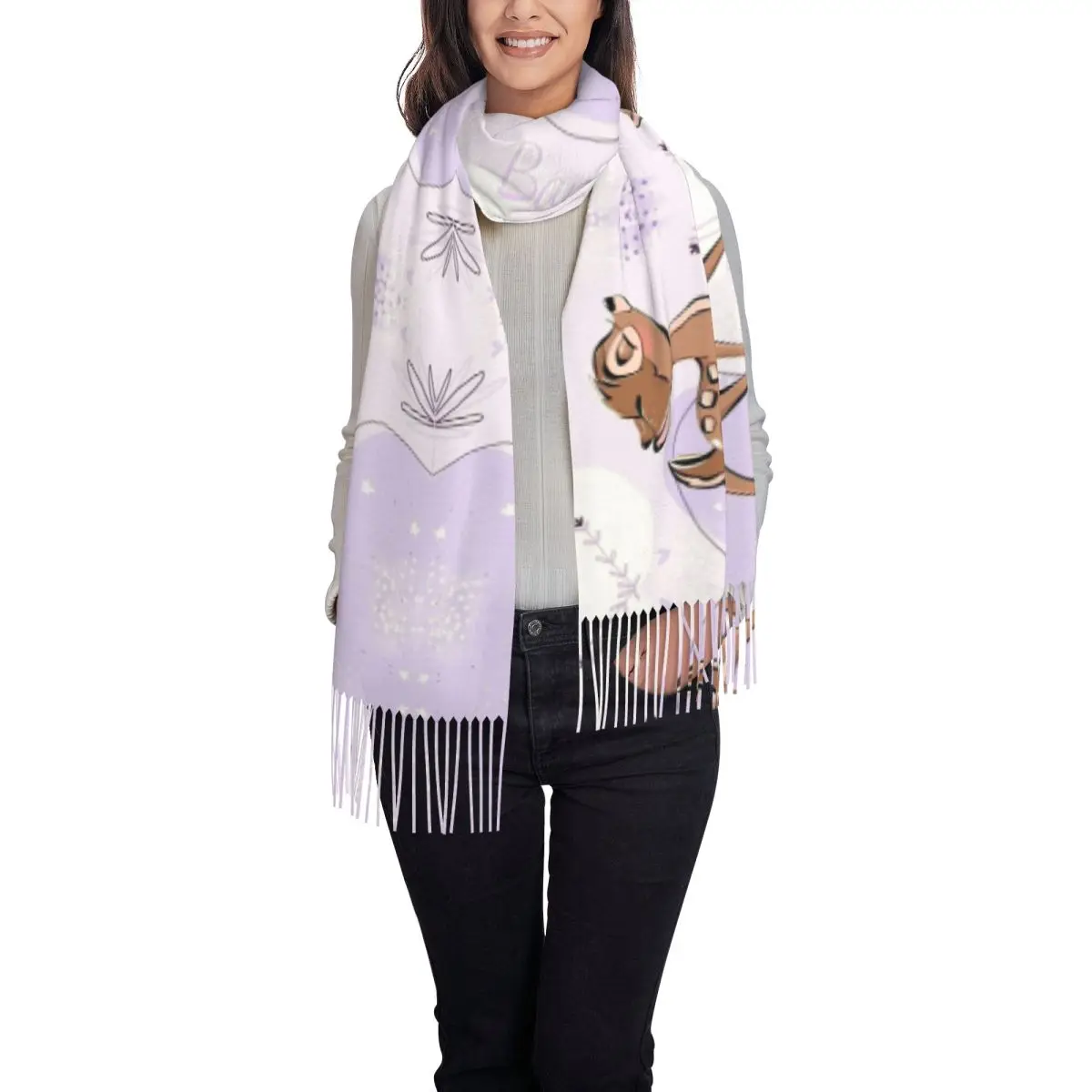 Custom Bambi Cartoons Tassel Scarf Women Winter Warm Shawl Wrap Female Scarves