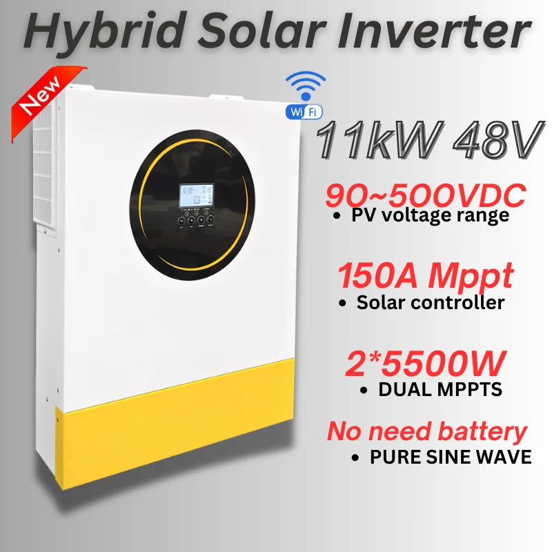 

Newest 11kW Hybrid Solar Inverter, 48V to 230V AC, Off-Grid, Dual Input, Battery-Free, 160A MPPT, BMS & WiFi