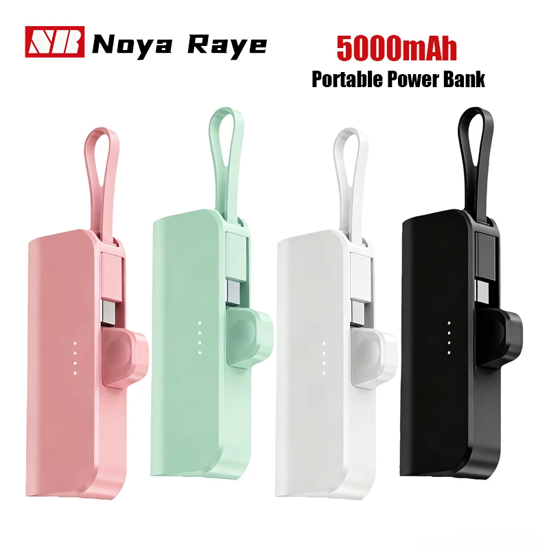 Noya raye Mini Lightweight External Battery 5000mAh Portable Power Bank 25Wfor iPhone Samsung Built-in Type C Lightning Plug
