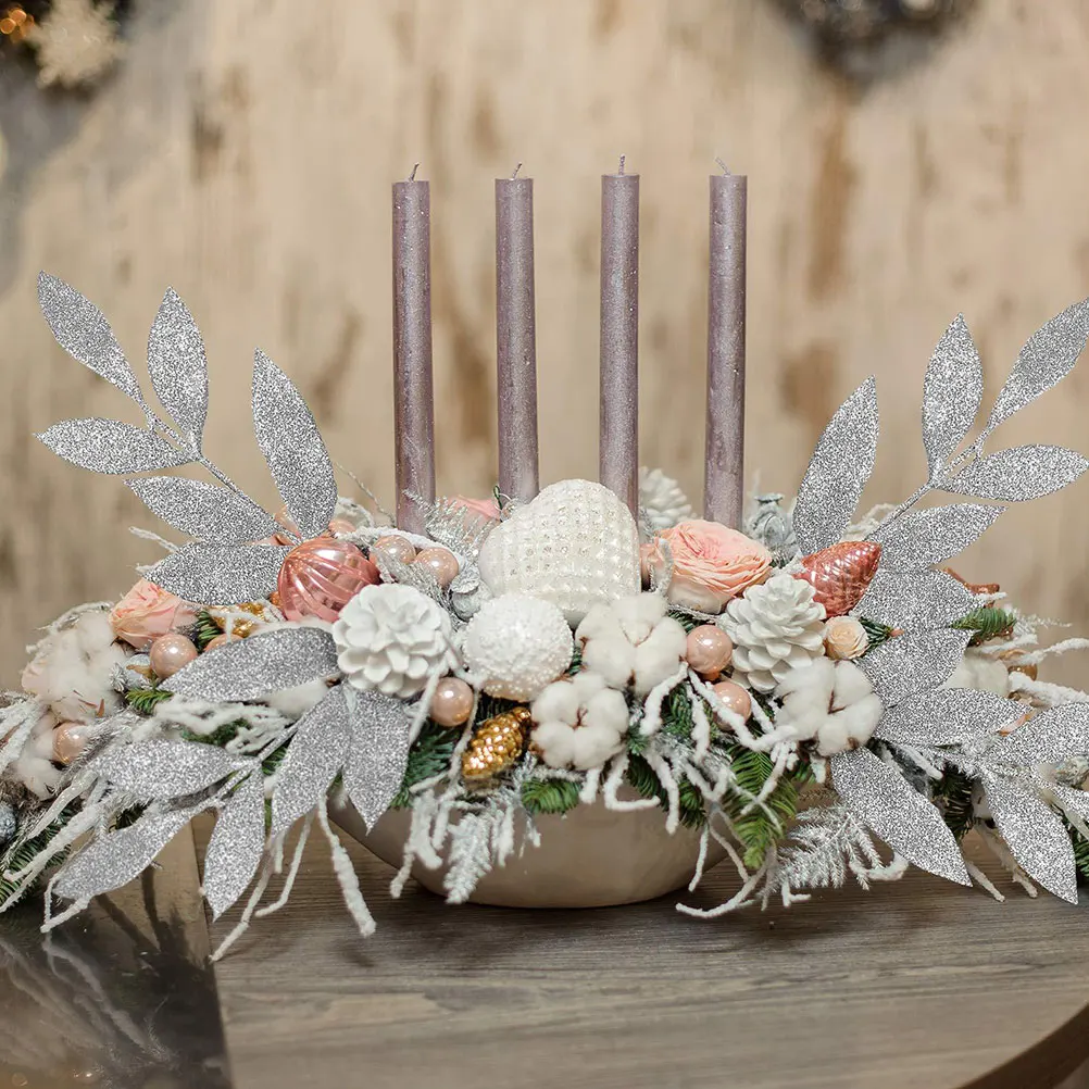 

10 Pcs Christmas Tree Wreath Decoration Ornament Picks Decorate Red Floral Plastic Artificial Glitter Pine Twigs Glittered Leaf