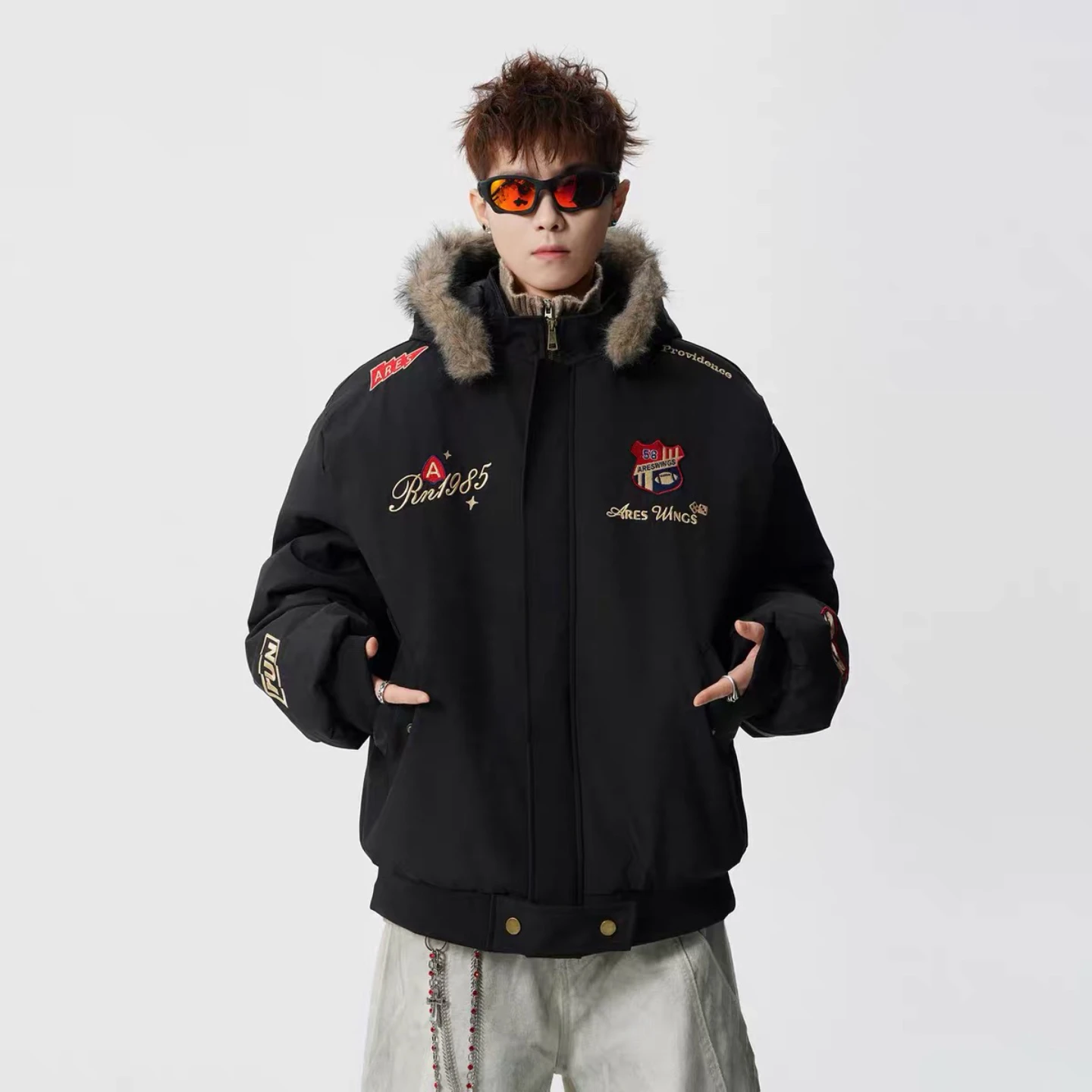 

Thiened American Hiphop Flight Jaet Baseball Stitched Hooded Coat for Men And Women Couples Warm Outerwear Coat