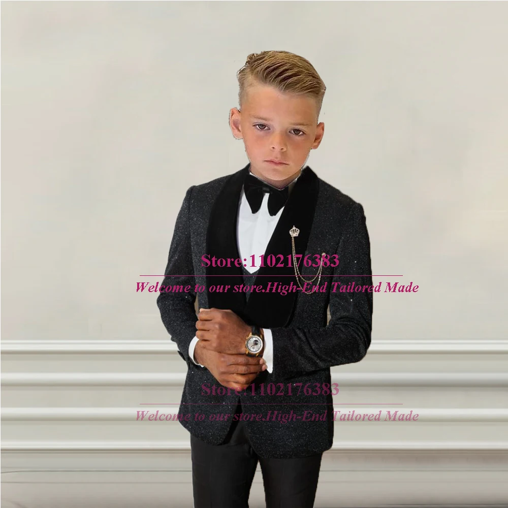 Sparkly Boy's Suits For Wedding Black Velvet Lapel Blazer Vest Pants 3 Pieces Formal Tuxedo Children Single Breasted Kids Jacket