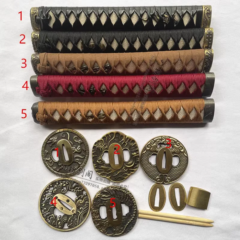 DIY 26cm Slightly Curved Katana Tsuka Set w/ Copper Tsuba,Habaki & Seppa, Genuine Fish Skin, Several Colors for Choice-2