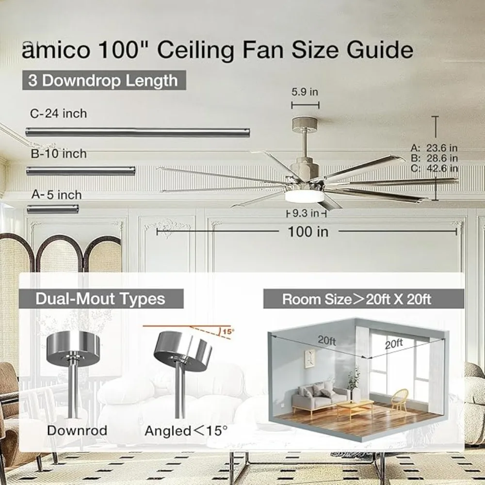 Ventilatore da soffitto con telecomando, ventilatore da soffitto industriale, All-in-one-pemote, 8 pale reversibili e 6 velocità, ventilatore da soffitto da 100 pollici