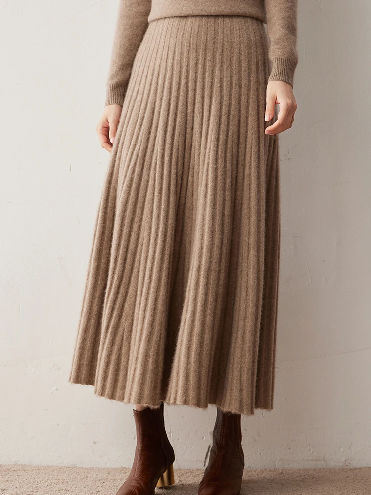 Dream Autumn Winter Women’s 100% Cashmere Skirt A-Line High Waist Long Pleated Skirts Grace Cashmere Dress Korean Style Knitted