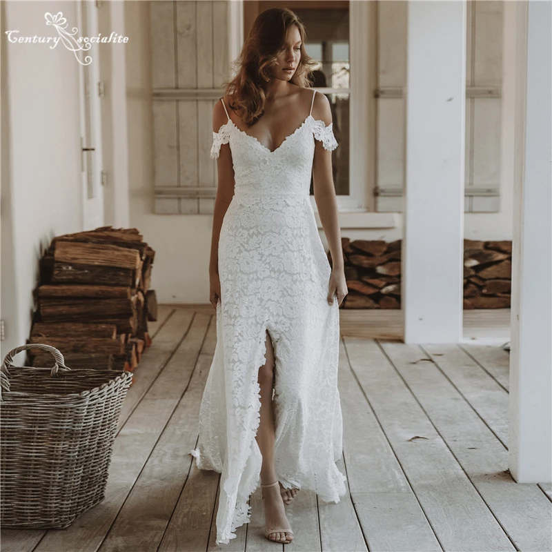 Rustic Boho Wedding Dresses Backless Slit Off Shoulder Spaghetti Straps Lace Boho Bridal Gowns Pastrol Bride Dress Customized