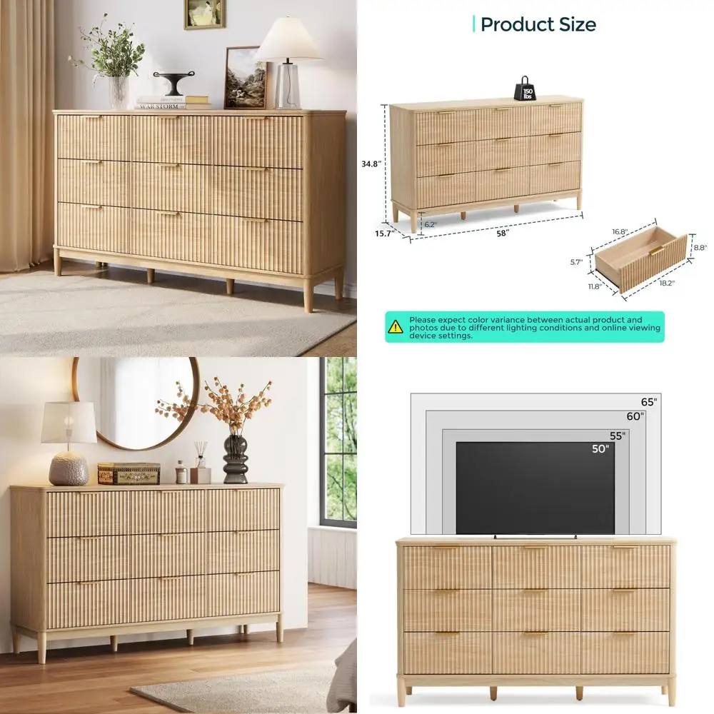 Mid Century Modern Fluted 9-Drawer Dresser, 58 Wide, Large Boho Style Wood Chest for Bedroom