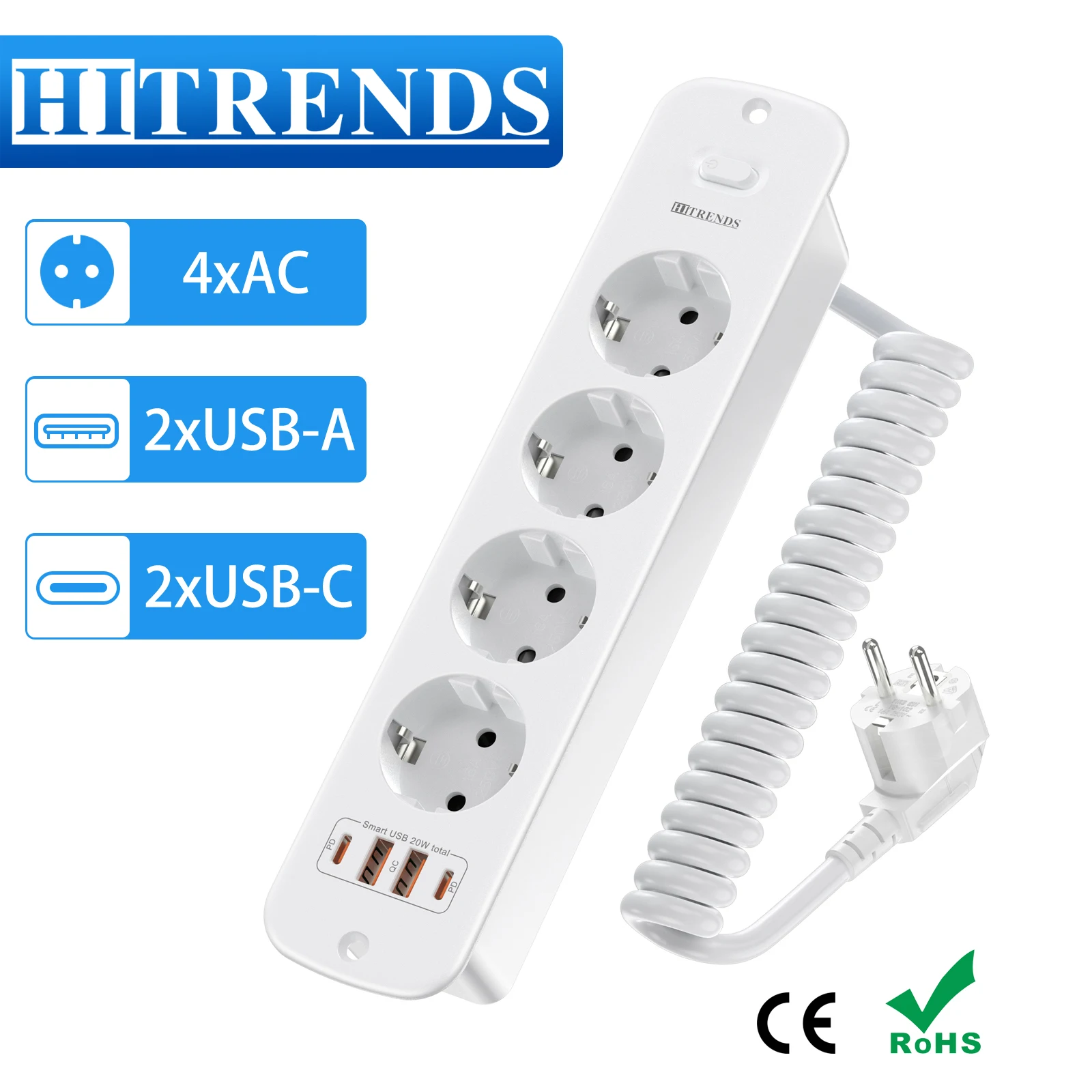 HITRENDS EU Desktop Power Strip Built-in USB Socket with 2 UAB A 2 Type C PD20W Fast Charger, 2M Extension Cord for home
