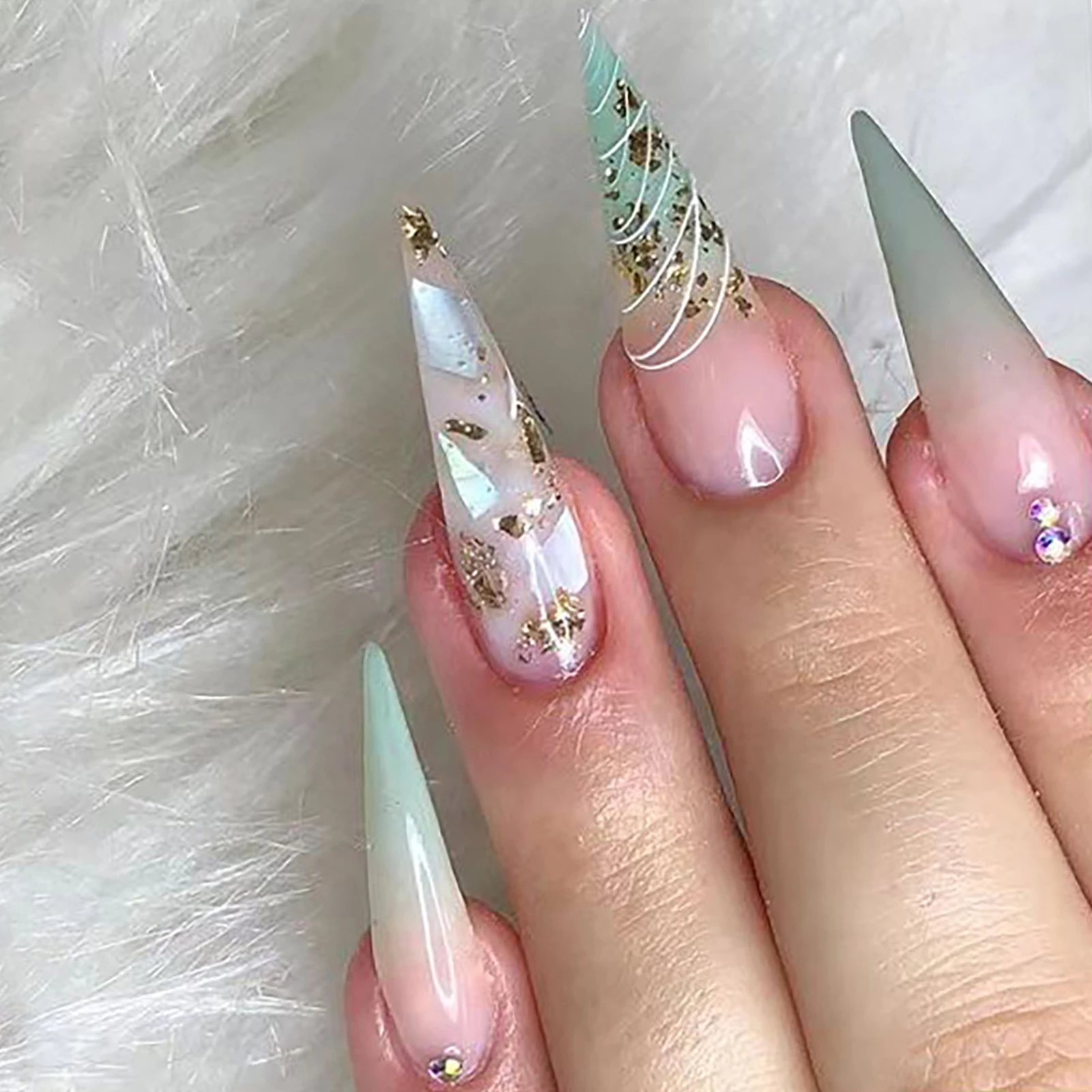 Pink Green Gradients Fake Nails with Rhinestone Natural Unbreakable Nail Simple Wear for Women and Girl Nail Salon