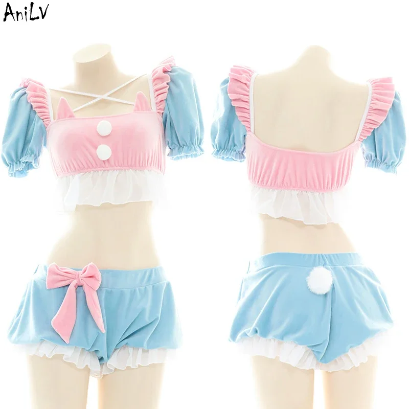 AniLV Anime Lolita Girl Maid Series Pyjama Swimsuit Costume pour femme, Cartoon Cute, Kawaii Student, Pink Blue Lingerie Set, Cosplay Costume