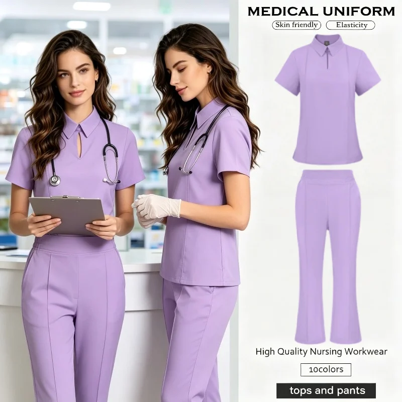 Women's Doctor Hand Brush Suit Suit Collar Two-piece Frosted Suit Flared Pants Design Frosted Top Elastic Pants Doctor Nurse
