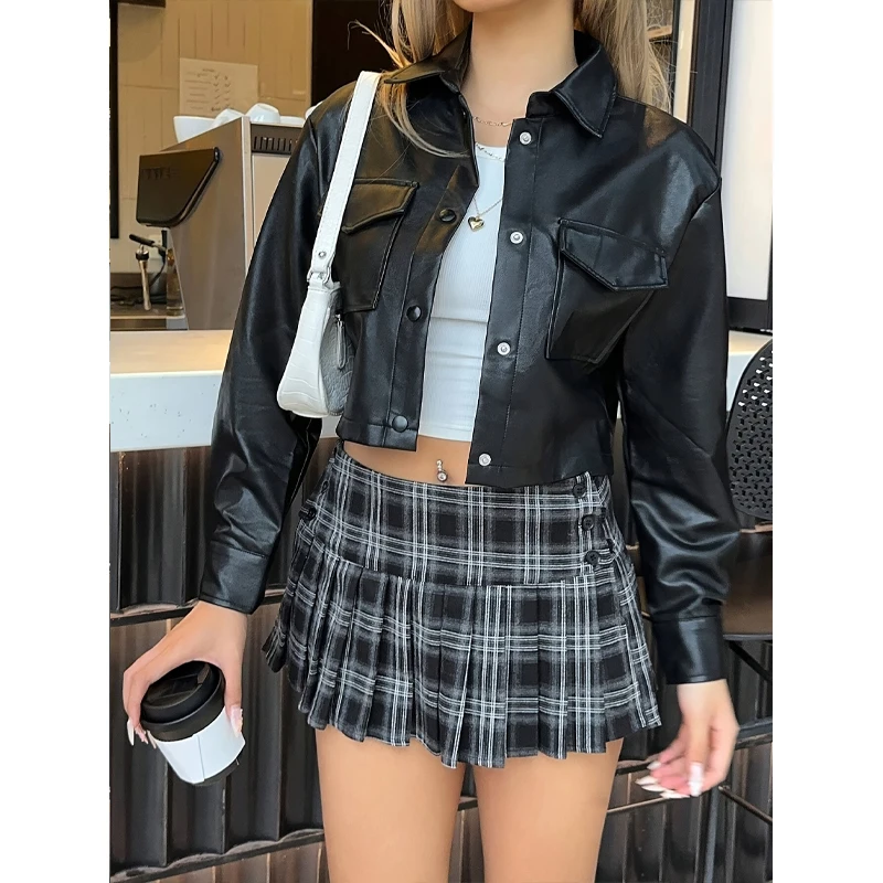 الخريف الشتاء المرأة فو الجلود اقتصاص سترة العصرية الأسود موتو السائق سترة قصيرة الأزياء بو معطف حزب سترة #3