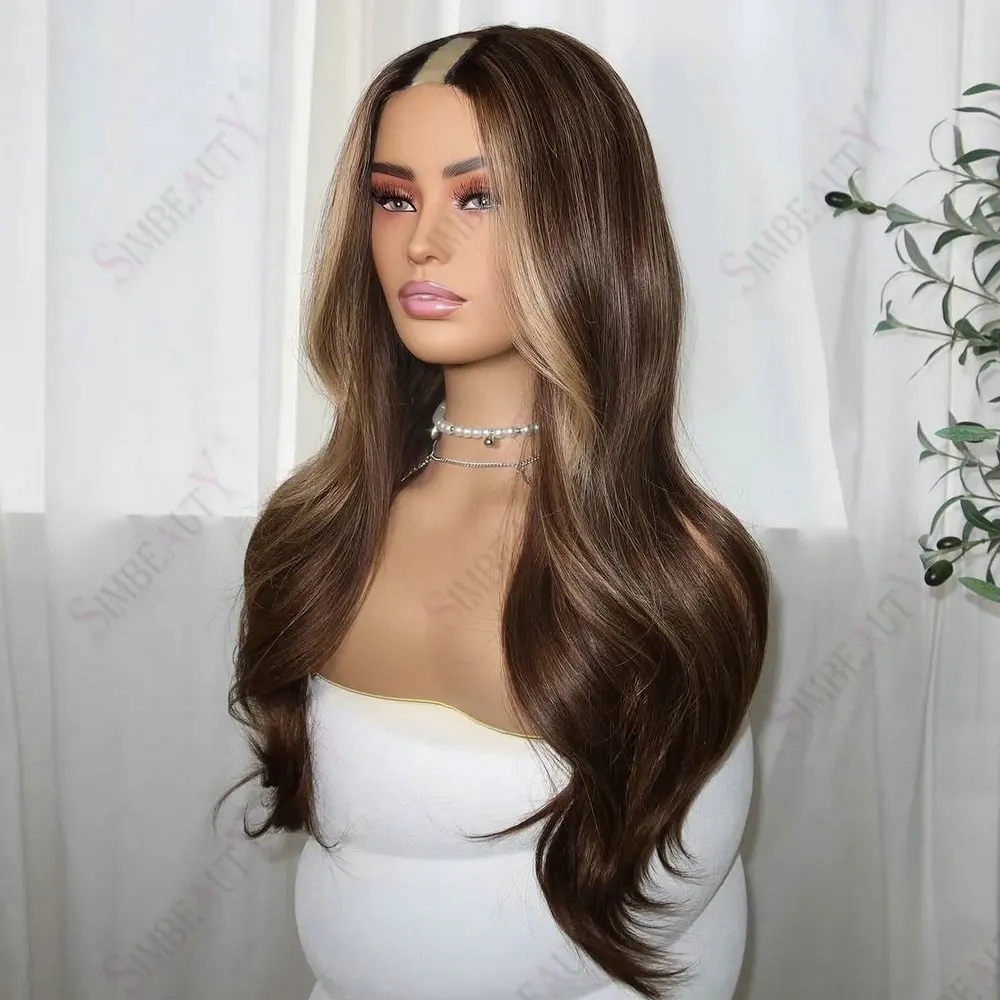 Klebefreie braune Highlight-Blond-V-Part-Perücken aus Echthaar, natürlich gewellt, Remy-Indisches Haar, günstig, vollmaschinell gefertigt, 1x4-Größe, U-Part-Perücke – Detail 2