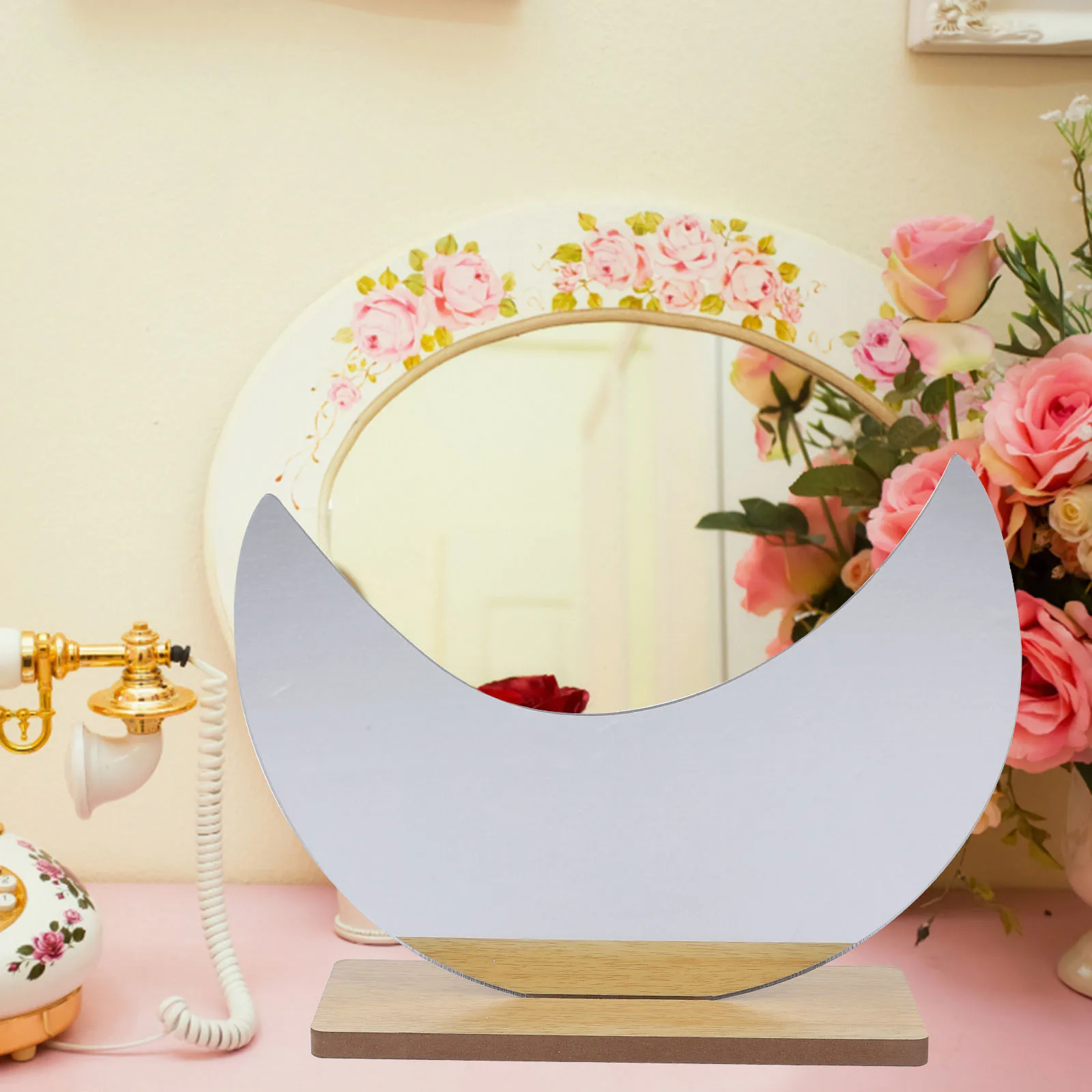 

Irregular Moon Shape Desktop Makeup Mirror with Wooden Stand Premium Acrylic Tabletop Vanity Mirror for Bedroom Desk Decorative