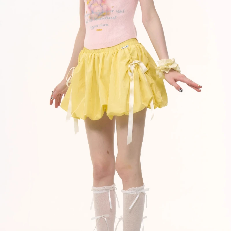 Summer American Retro Women's Clothing Original Design Bow High Waist Thin Yellow A-line Bud Skirt Half-length Short Skirts Girl