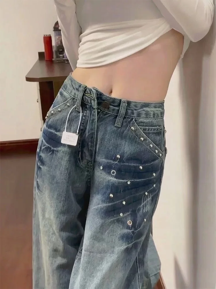 

American Sle Vintage Rivet Waed Straight Leg Jeans Women Loose Low Waist Denim Pants Tapered Vintage Design Casual Jeans