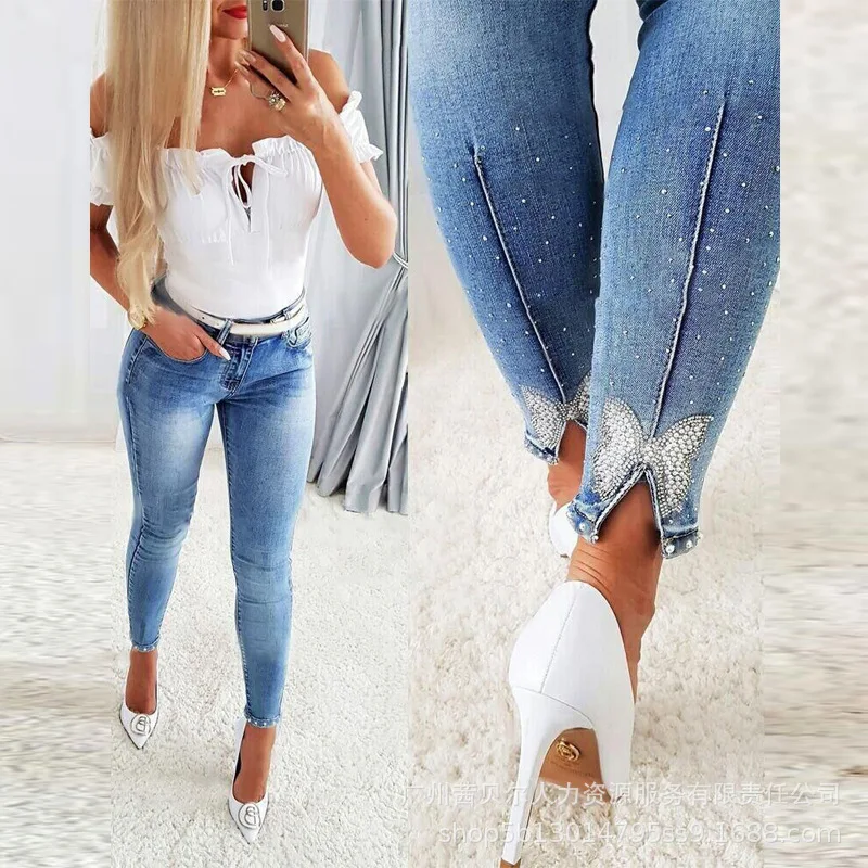 

New Arrivals Retro Fashion Trend Spring Summer Women's Clothing Solid Color Rhinestone Beaded Bowknot Split Tight Jeans