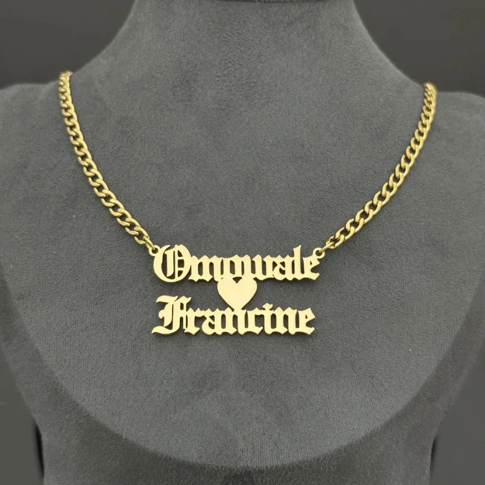 Custom Old English Double Name Heart Necklace Personalized Gothic Nameplate Pendant Necklace Stainless Steel Vintage Jewelry