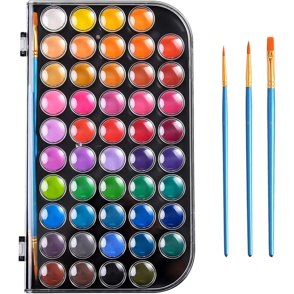 Upgraded 48-color washable watercolor paint set with 3 brushes and palettes, non-toxic paint set