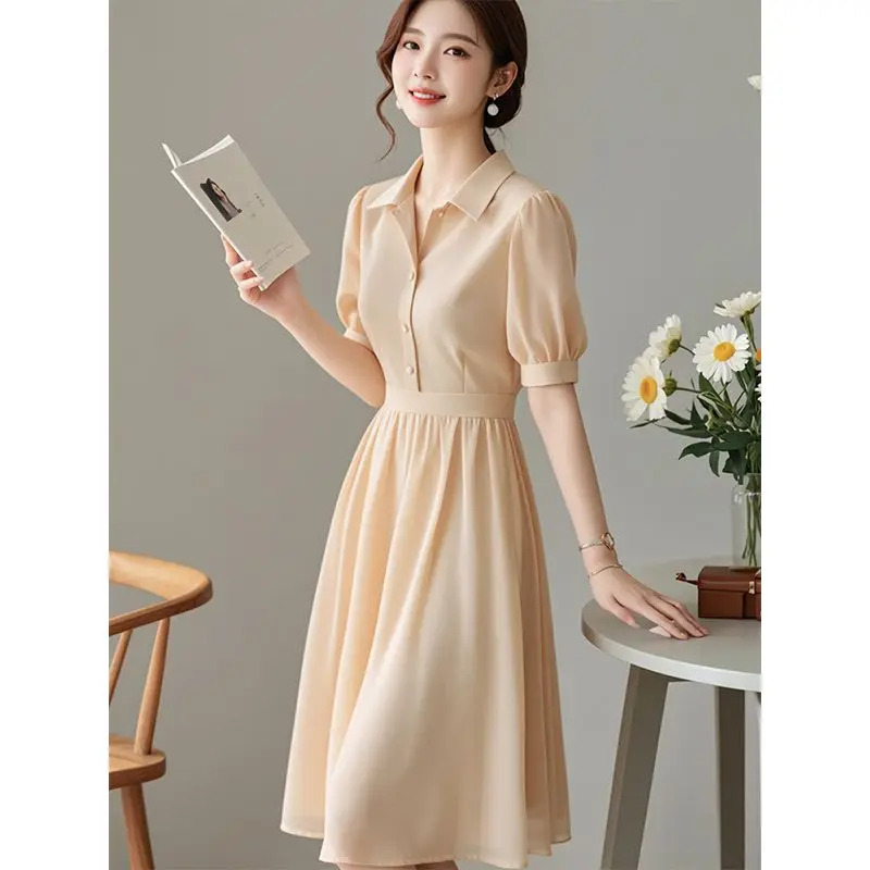 Fashion Chiffon Shirt Dress Women's Summer 2026 New Temperament High Light Luxury Long A-Line Dress Solid Shirts Dresses