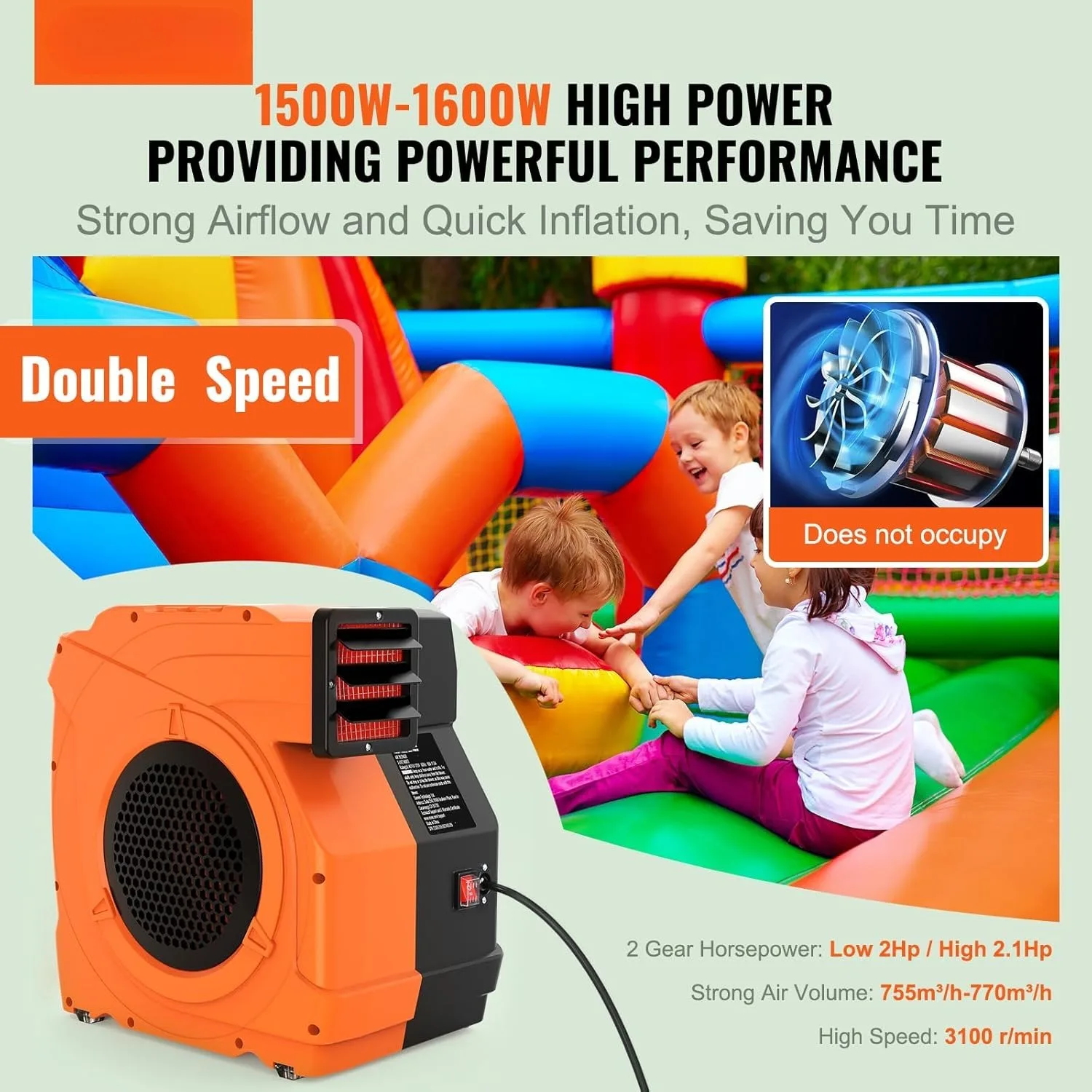 Inflatable Blower, 1500W, 2 & 2.1 HP Bounce House Blower, Pump Commercial Air Blower for Inflatables, 3100 RPM Bouncy Castle