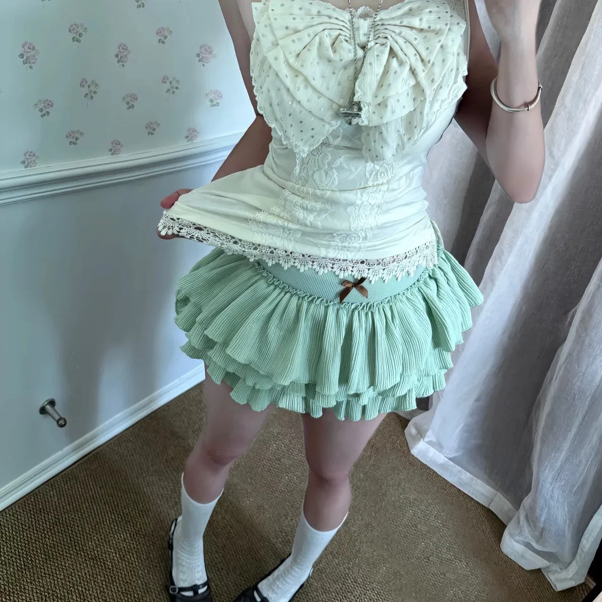 New princess-style patchwork half-length French-style cool girl cake sweet low-waist ballet-style ruffled pleated short skirt
