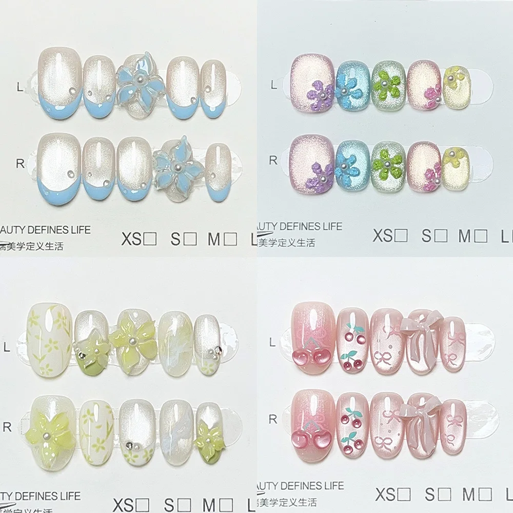 

Fresh Shining Sweet Cat's Eye Flower Pearl Short Ellipse Nail Art Bowknot Stars Apple Cherry Fake Nail Summer Nail Stickers Gift