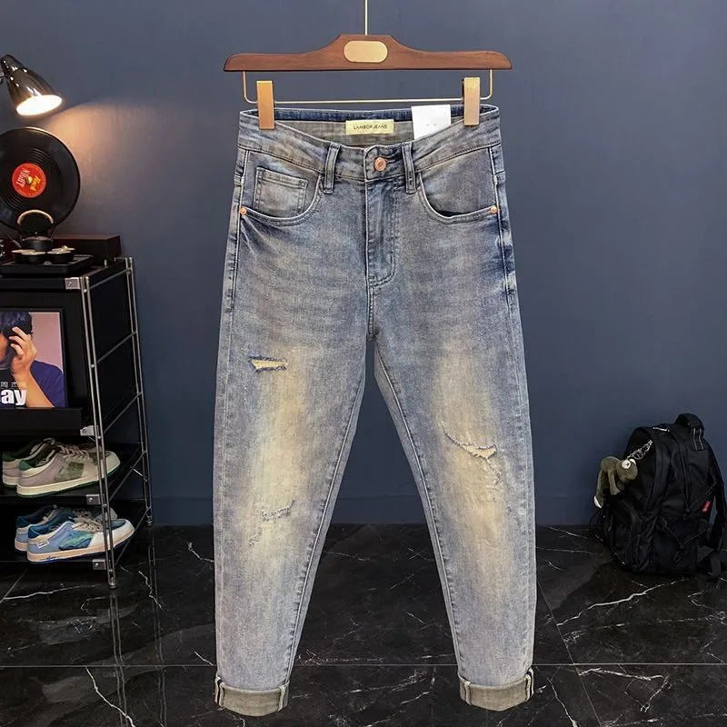 Trendy Brand Retro Blue Jeans Men's Slim-fit Skinny Summer Thin Fashionable Casual Cropped Pants