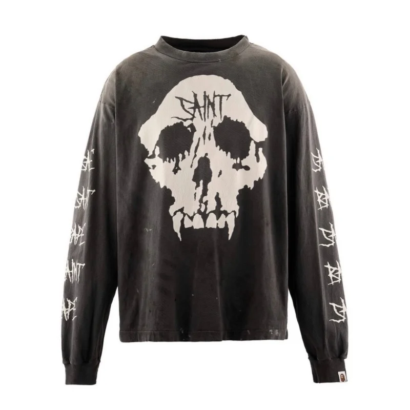 27SS Fashion Saint Black Streetwear Skull Unique Print Distressed Loose-Fit Long-Sleeve T-Shirt