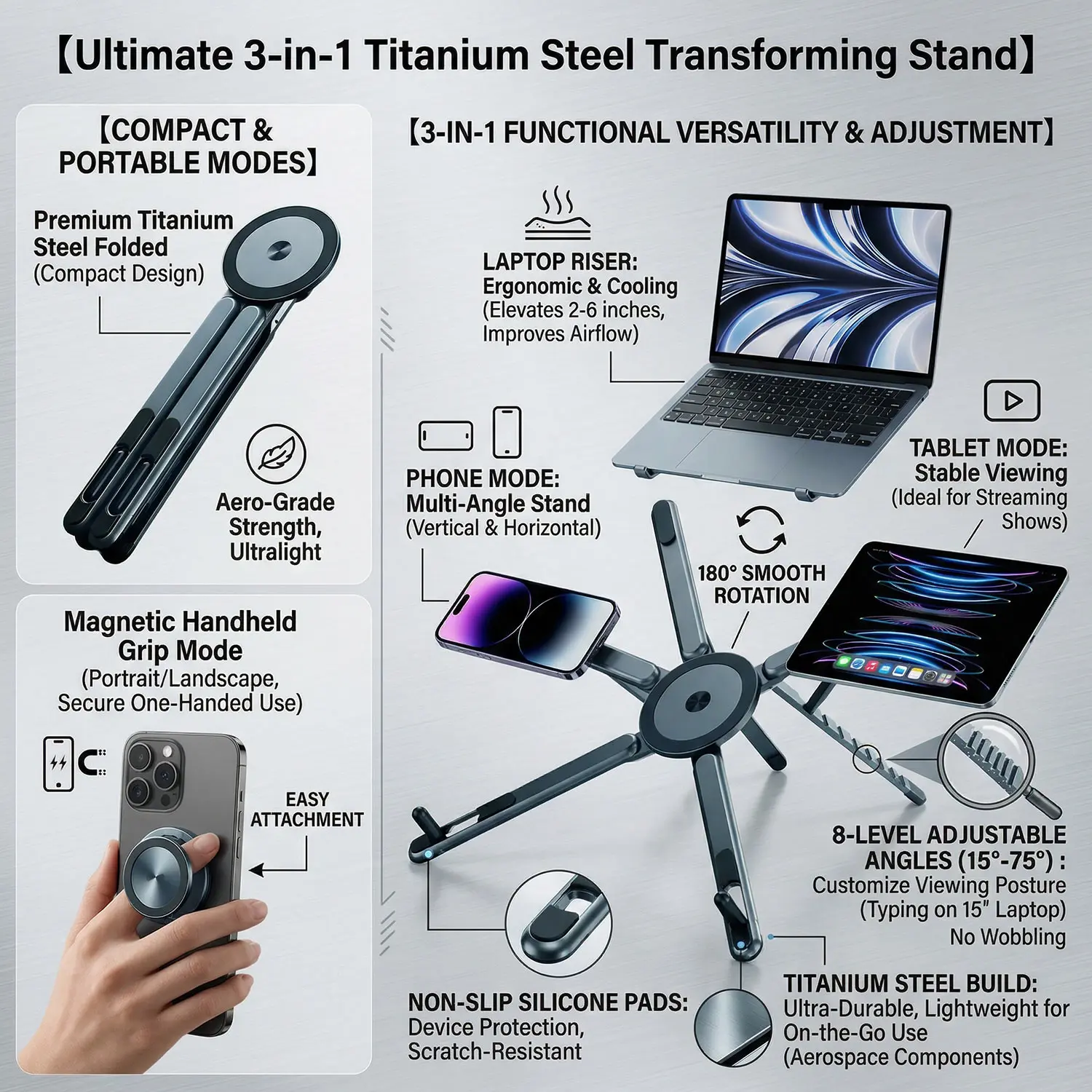 Portable Magnetic Tablet Holder 3-in-1 Tablet Stand Adjustable Alloy Heat Dissipation Foldable Stand for iPad Laptop Use