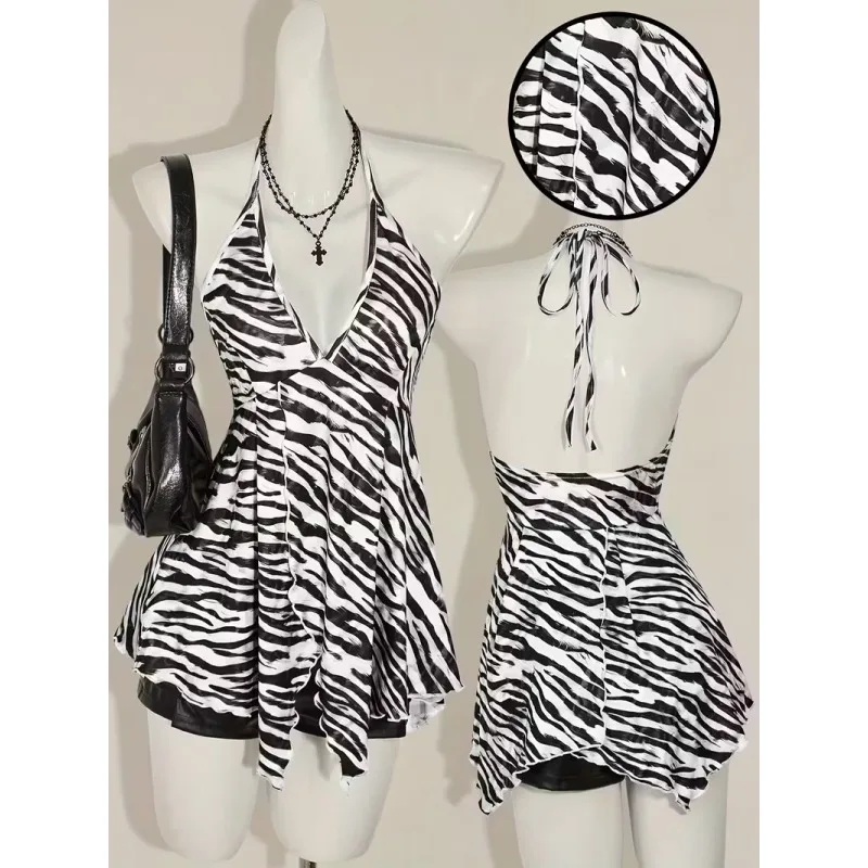 Summer New European American Style Retro Zebra Print Y2K Fashionable Sexy V-nec…