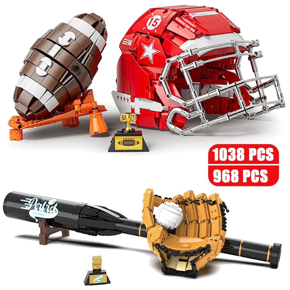 1038 Pcs MOC Sports Game Football Rugby Helmet Baseball Bat Glove Building Blocks Bricks MLB NFL Super Bowl Educational Toy
