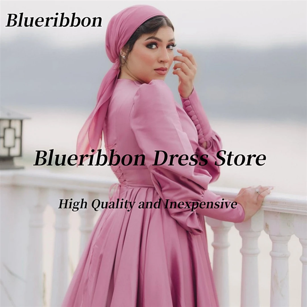 Blueribbon Arabia Women Prom Dresses Long Sleeves فستان سهرة نسائي Buttons Ruched Ankle Length Evening Party Wedding Receptions