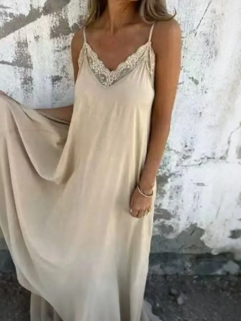 2025, lente/zomer sexy nachtjapon met spaghettibandjes, effen kleur, lange kanten jurk