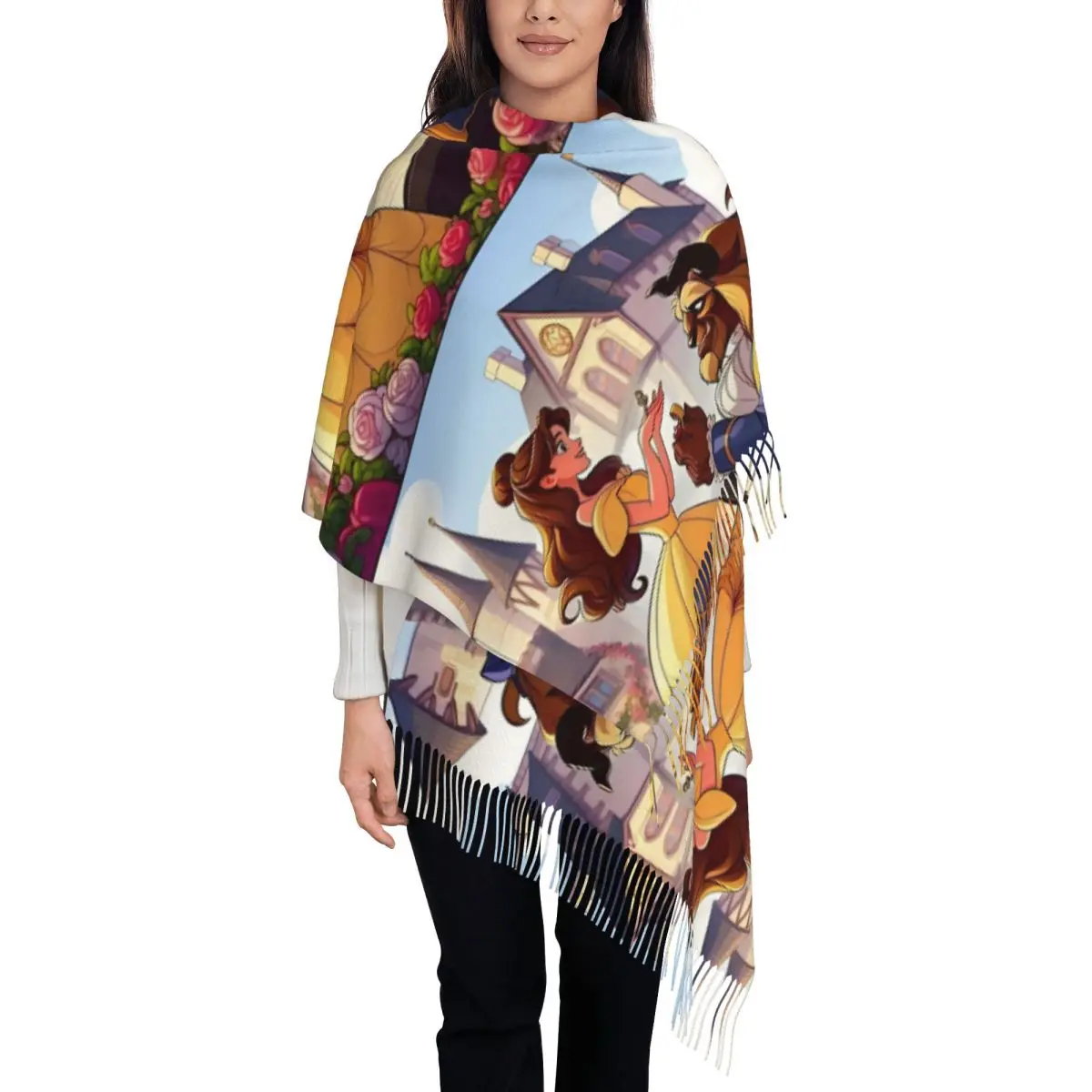 

Ladies Large Beauty And The Beast Cartoon Scarves Winter Thick Warm Tassel Shawl Wrap Romantic Fantasy Film Anime Cute Scarf