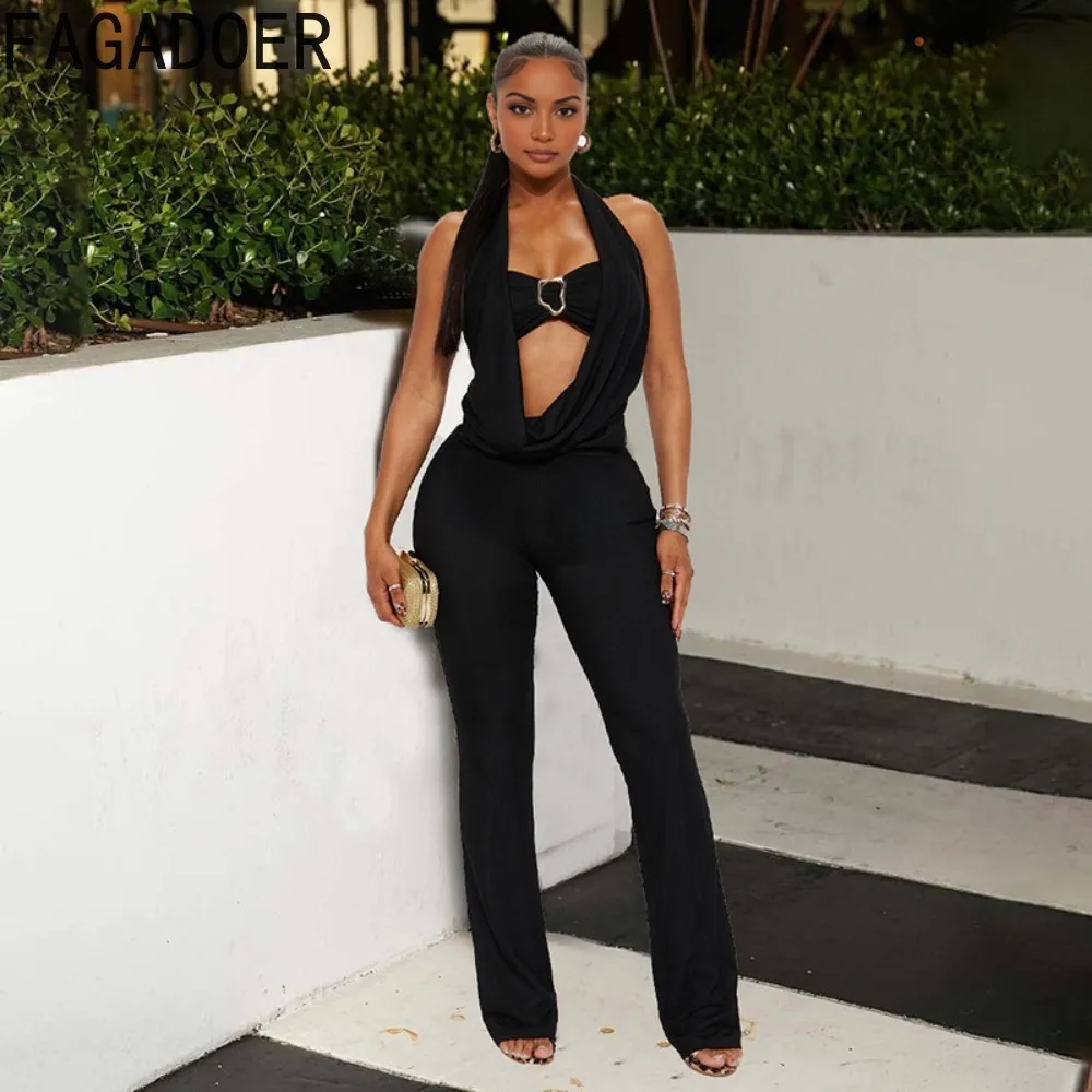 FAGADOER Sexy Two Piece Outfits Woman Halter Sleeveless Backless Crop Top and Pants Siut Matching Female Streetwear Clothing New