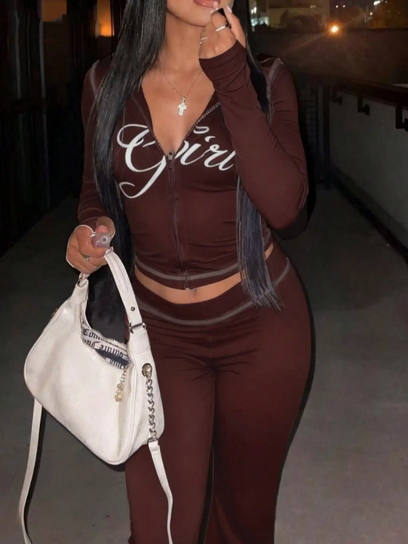 

Женский коричневый комплект из укороченного топа на молнии и брюк с высокой талией, в стиле стритвир