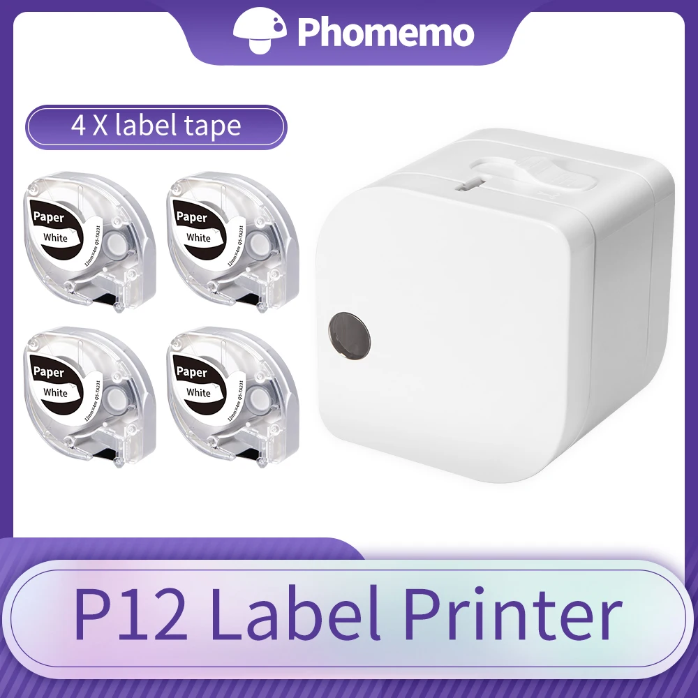 Phomemo P12 Label Maker Wireless Mini Label Maker Machine Support Multiple-Material Labels,Label Maker with 1PK Black on White