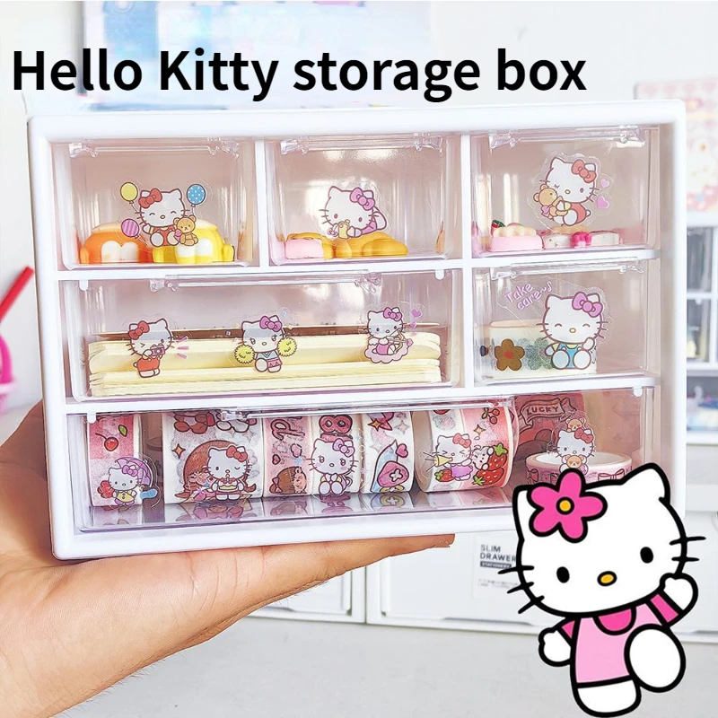 Sanrio Kuromi Multi Layer 6 Palace Grid Storage Box Cartoon Hello Kitty Table Drawer Cute Pochacco My Melody Jewelry Shelf Gifts