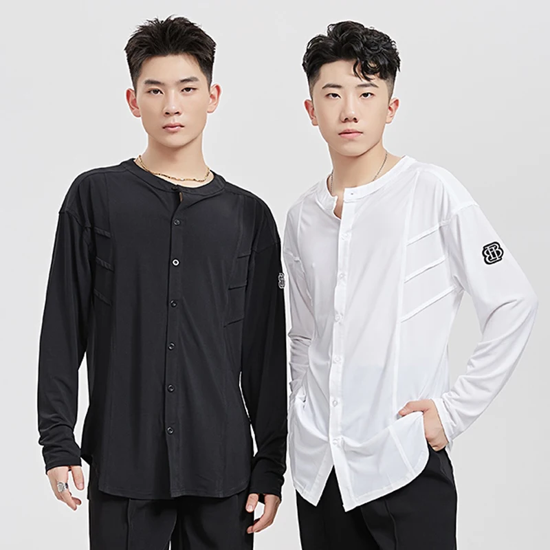 

New Men Latin Dance Tops Long Sleeves Cotton Round Neck Shirts Adult Rumba Cha Cha Dance Training Tops Practice Clothes BL13683