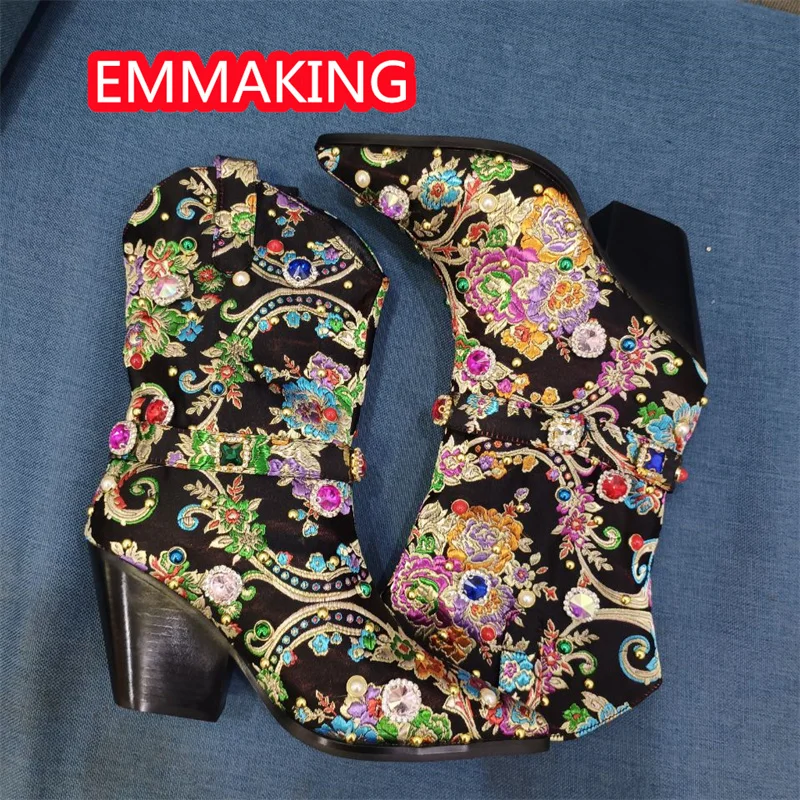 

Rhinestones Wedge Winter Ankle Boots Women 2024 New Brocade Diamonds Luxury Female 8CM Heels Runway Slip On Rome Shoes Size 44