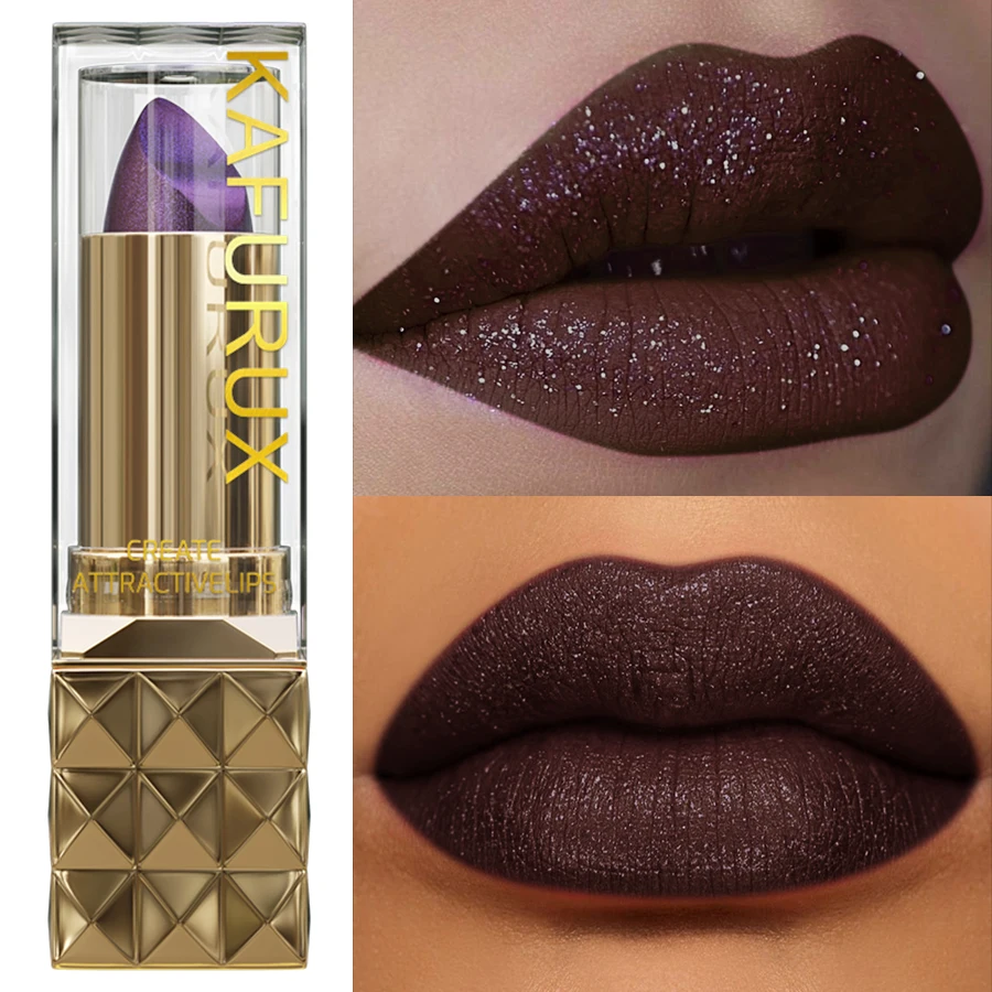 1PC 真珠光沢のある紫茶色のベルベット口紅グリッター防水リップメイクギフトシマーマットダイヤモンド口紅化粧品リップオイル