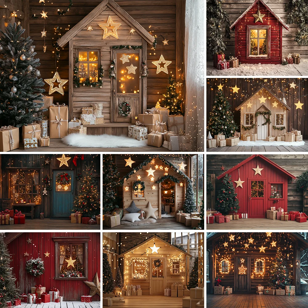 

Photography Background Winter Christmas Cabin Lights Xmas Tree Gifts Kids Family Portrait Decor Backdrop Photo Studio