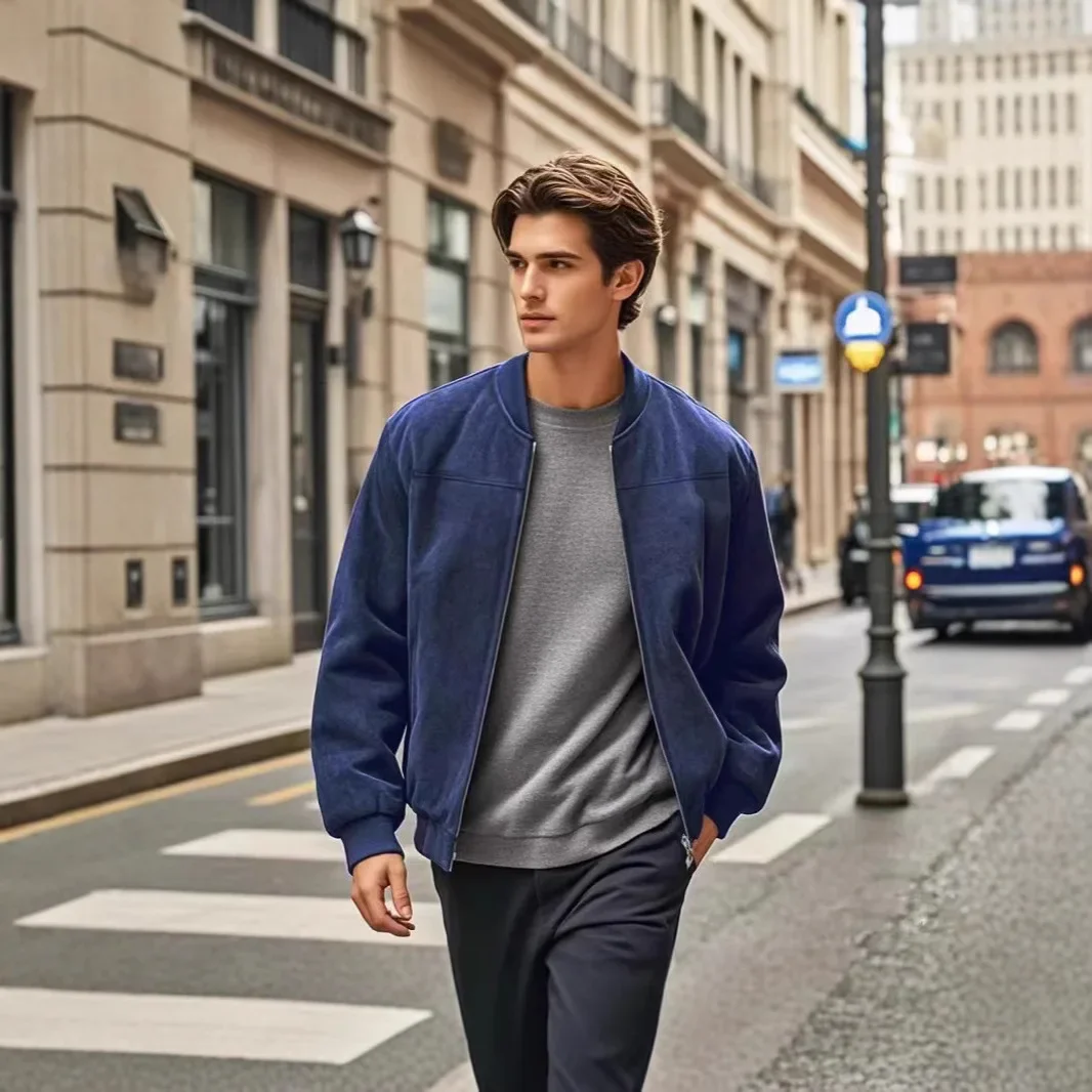 

Autumn and winter men's suede stand-up collar jacket loose retro zip-up cardigan jacket trendy men's jacket