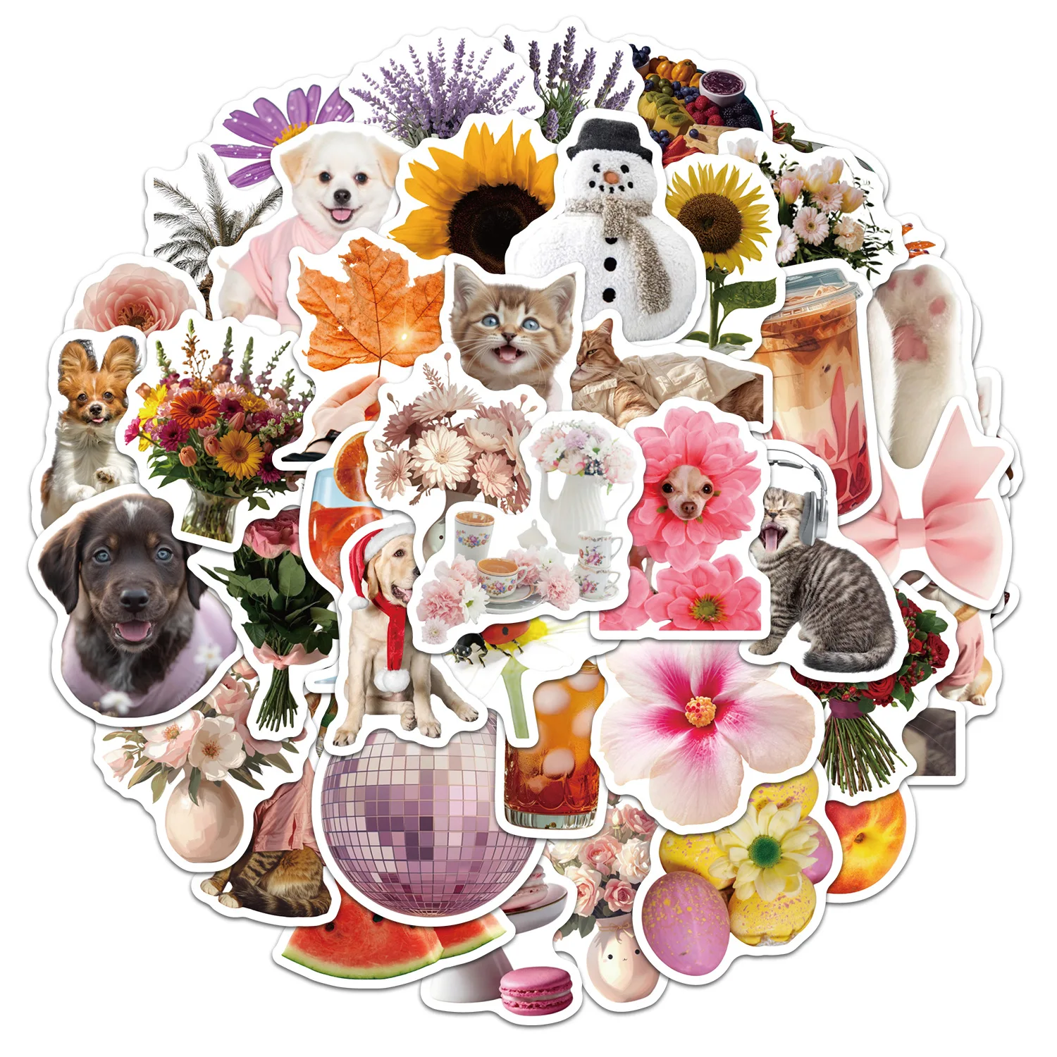 50PCS Aesthetic Cat and Dog Flower Stickers Creative Decoration DIY Mobile Phone Case Notebook Water Cup Graffiti Toys Gifts