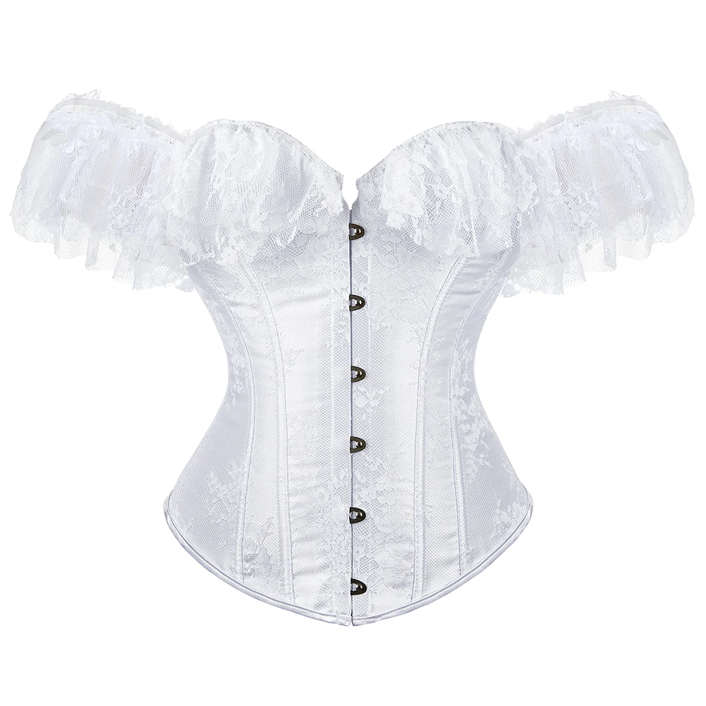 

Корсет-бюстье Sapubonva для женщин больших размеров, с цветочным кружевом, на шнуровке, с рукавами, на одно плечо, из атласа, викторианский стиль