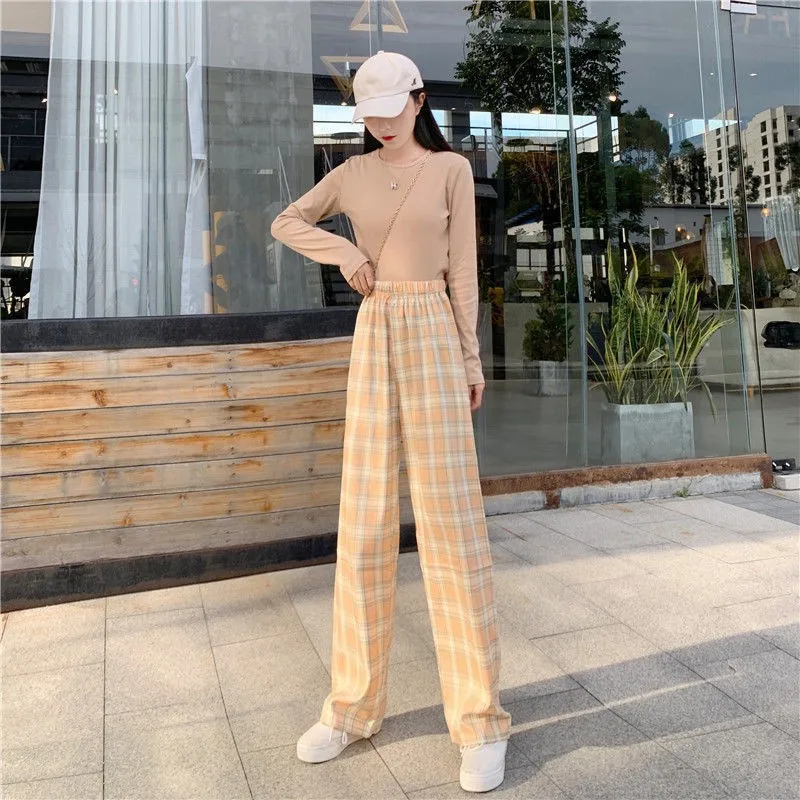 Black Women Plaid Pants Casual Oversize Loose Wide Leg Trouser Retro Teens Harajuku Hip-hop All-match Streetwear S - 3XL